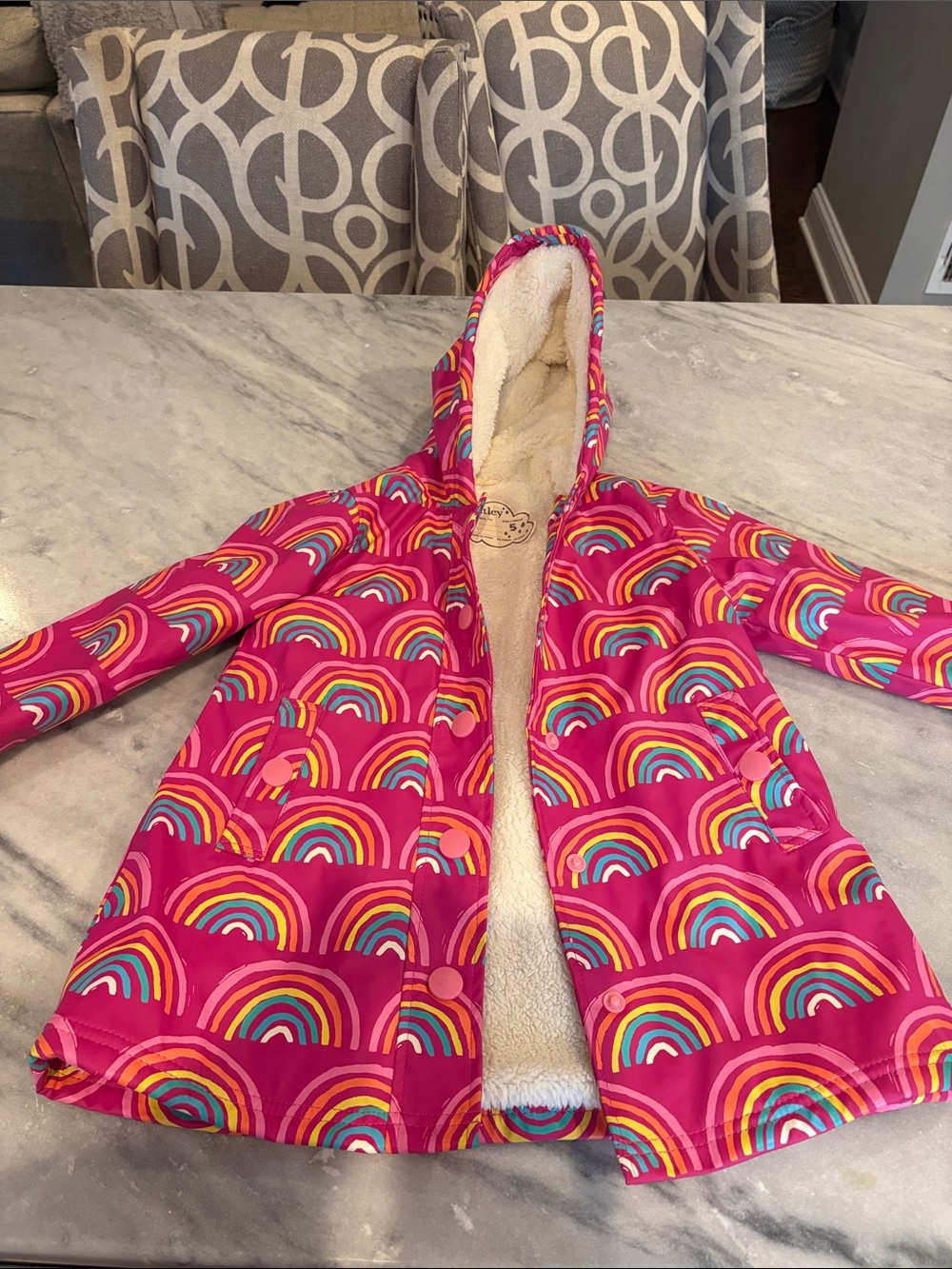 Girls' Pink Rainbow Hooded rain jacket with Sherpa Lining